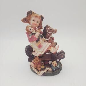 Girl on Rocking Horse with Doll Figurine Toys Vintage Style Resin Nursery Decor